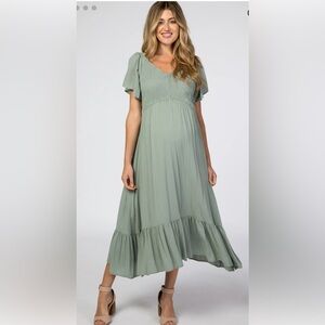 Light Olive Smocked V-Neck Maternity Midi Dress
